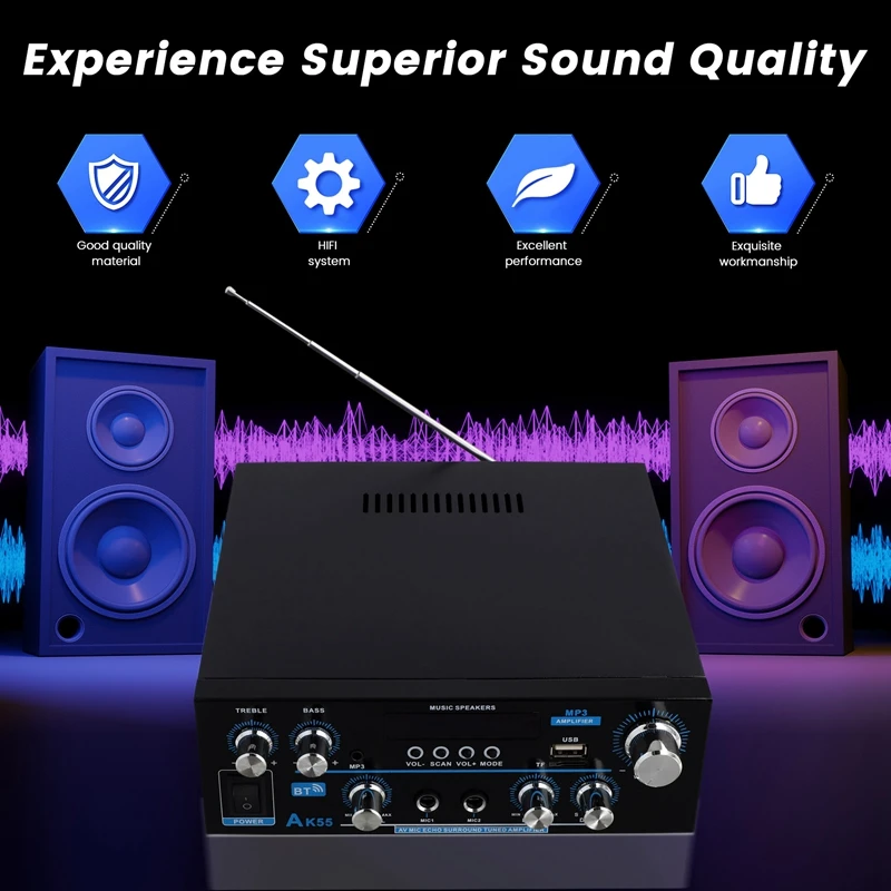 AK55 Audio Amplifier 2.0 Channel HIFI Digital Bluetooth Amplifier USB Digital Amplifier