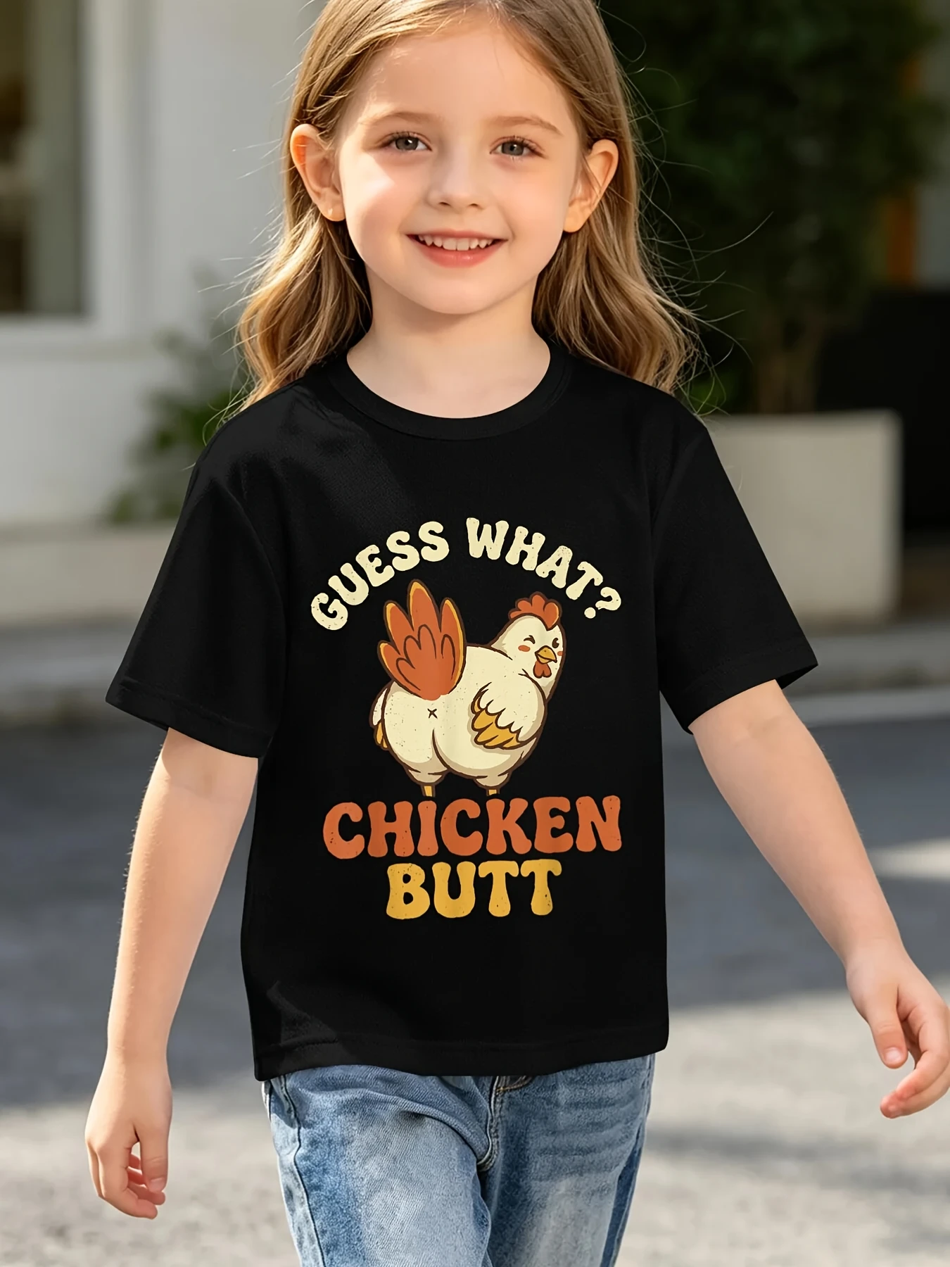 Kids T Shirt Cute Cartoon Chicken Guess What Chicken Butt Graphic Short Sleeve Cotton Tops For Boys Girls Daily Casual Outfit