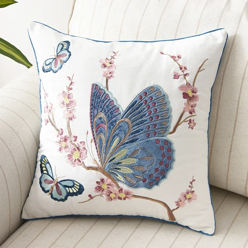 Butterfly Cushion Cover 45x45cm Floral Country Style Pillow Cover Cotton  Embroidery Suqare Home decoration  for Living Room