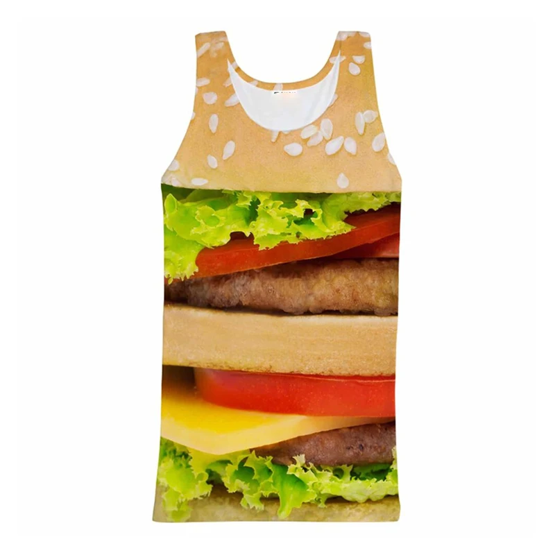 

Летний забавный топ на бретелях, мужская одежда, 3D принт, гавайский топ без рукавов с кокосовой пальмой, повседневный забавный жилет с графическим гамбургером Y2k