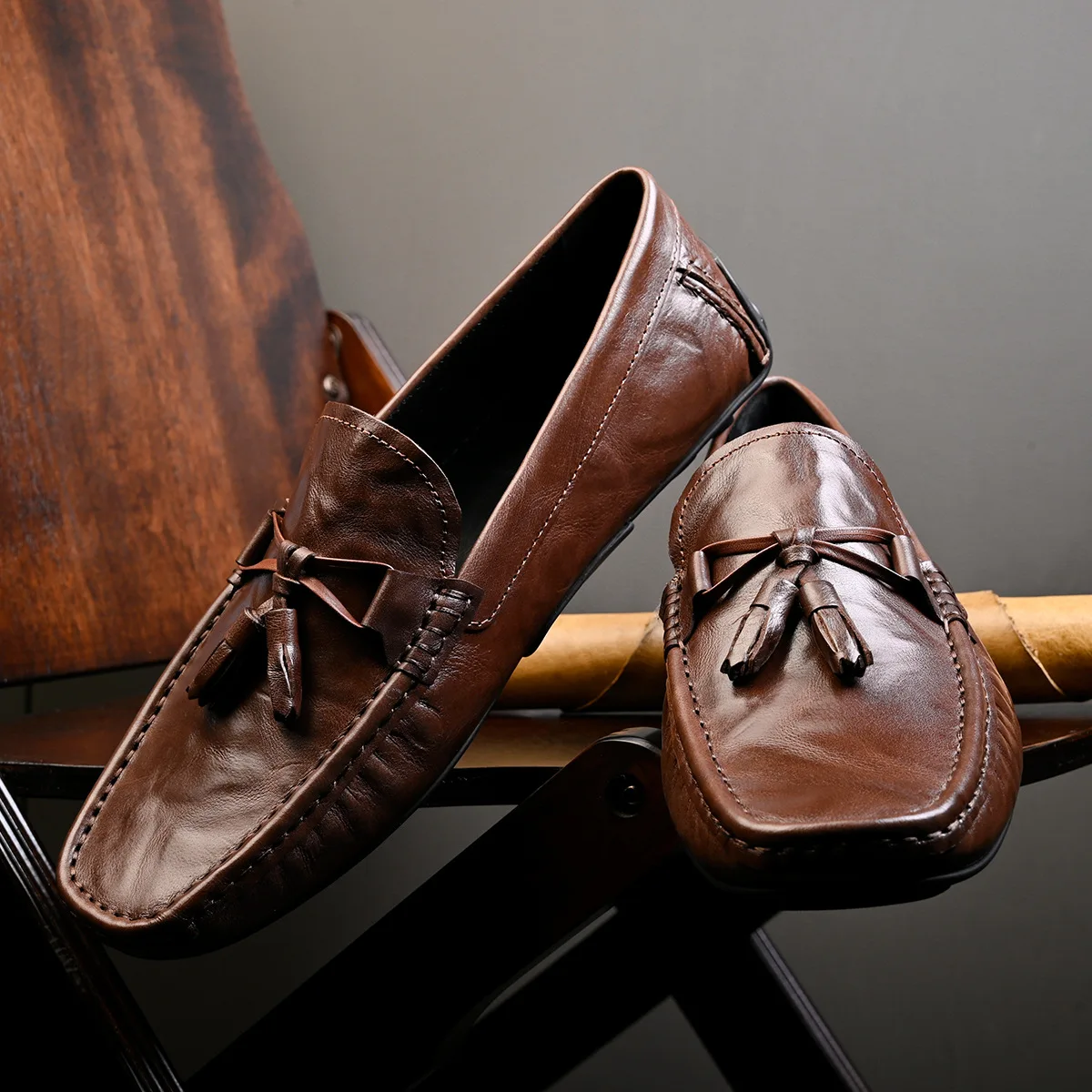 حذاء بدون كعب كاجوال للرجال من YETTIES، حذاء سهل الارتداء من الجلد الناعم الأصلي مع نعل بيبل، حذاء بدون كعب مريح للقيادة يسمح بالتهوية #4