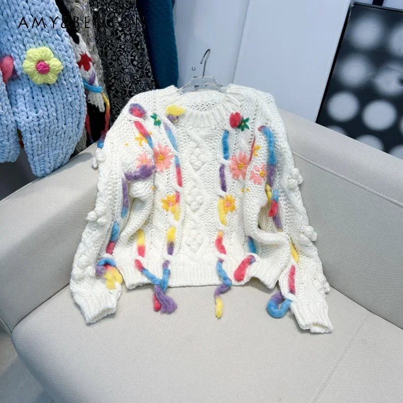 

Hand-woven Twisted Thick Needle Three-dimensional Embroidery Colored Fringed Thickened Sweater Autumn Winter New Knitwear Female