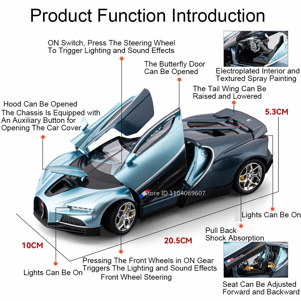 1:24 Tourbillon GTR S15 Model Sports Car Toys Alloy Diecast Sound Light Doors Opened Shock Absorption Ornament Supercar for Kids