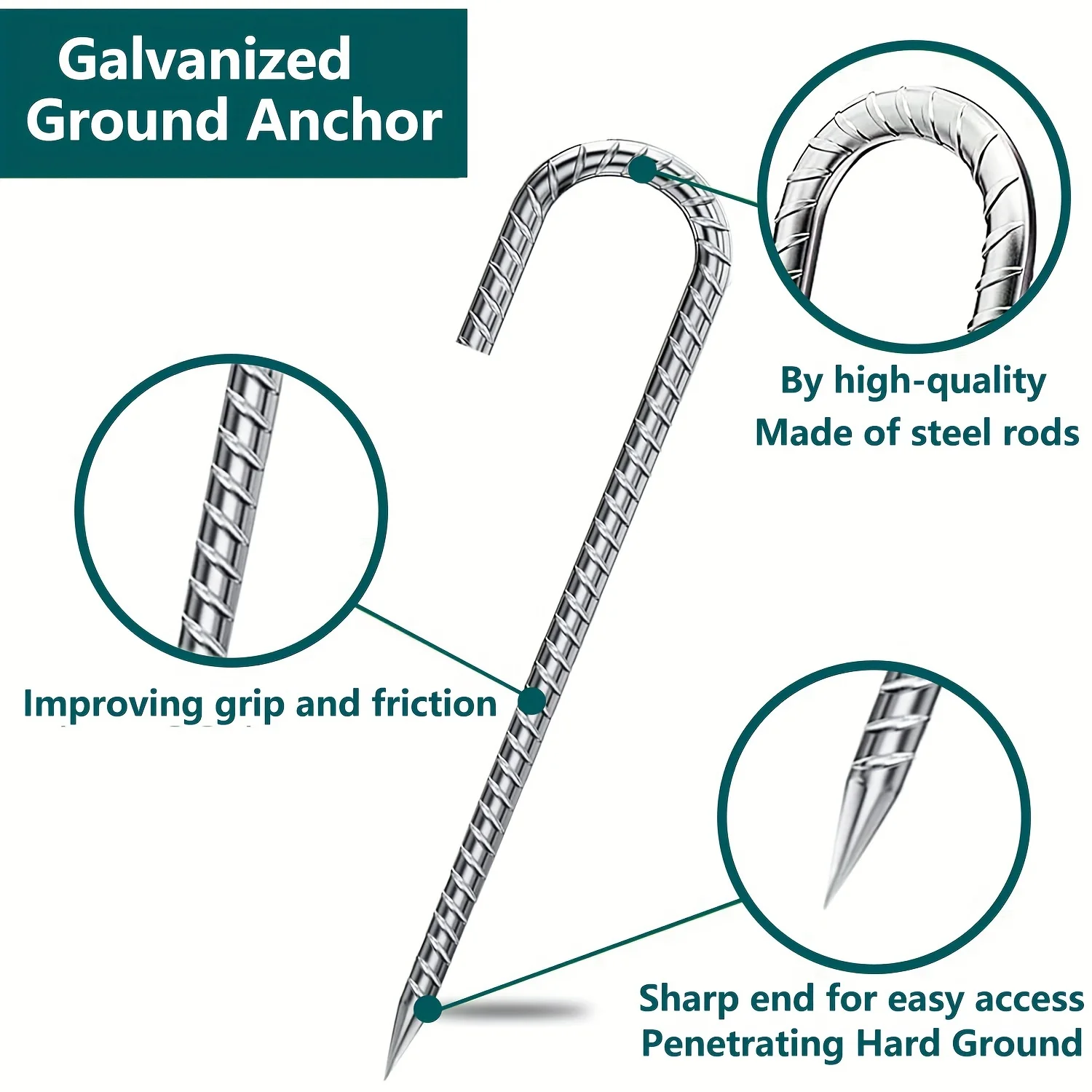 أوتاد حديد التسليح J Hook مقاس 12 بوصة فضية، مراسي أرضية عالية الجودة احترافية لسياج سلسلة الارتباط، وشبكات رياضية، والتخييم #6