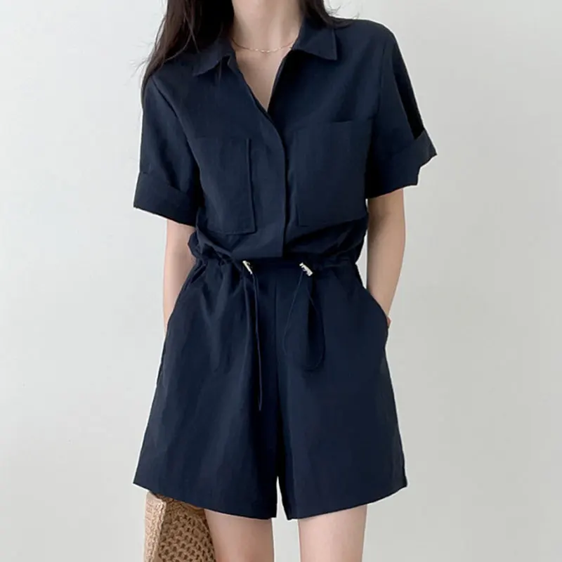 Chic Summer Vintage Women's Romper Wide Leg Drawstring Waist High Waist Pocket Design Casual Comfortable One-Piece Suit