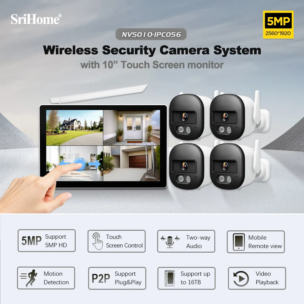 

Srihome 5MP 4CH POE Wifi Security Camera System With 10.1 Inch Touch Screen Home Video Surveillance Kit Audio Outdoor Ip CameraS