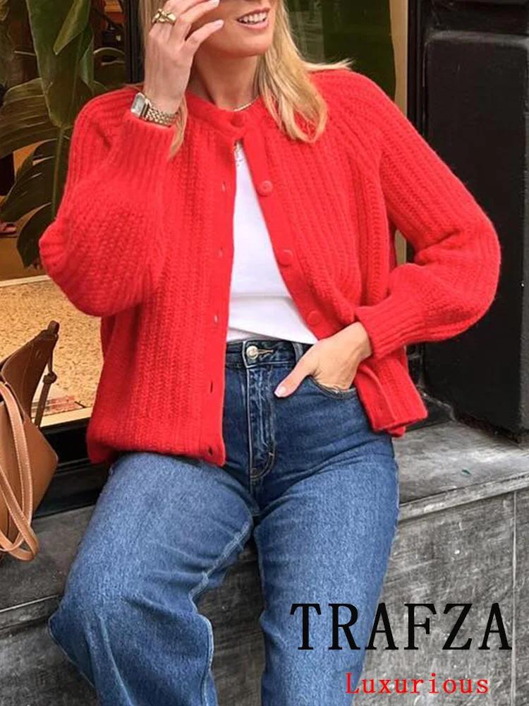 TRAFZA Vintage Casual Chic sweter damski jednolity, dekolt w kształcie litery "o", jednorzędowe swetry rozpinane z długim rękawem moda 2024, swetry jesienno-zimowe