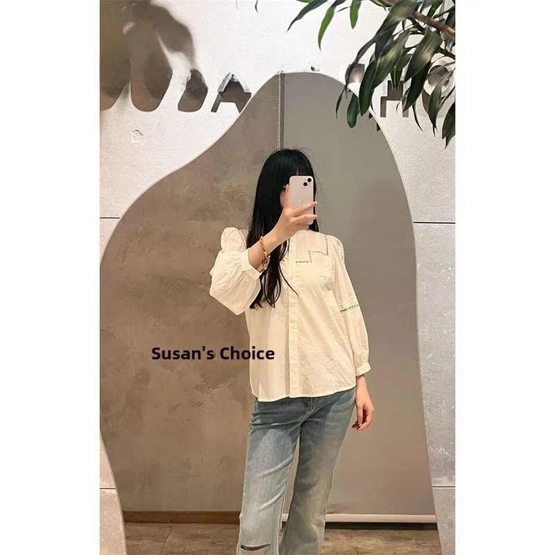 Susan Faion principios de primavera nuevo algodón bordado ahuecado suelto blanco irt Top de mujer tubo recto largo Sve Stand Co...