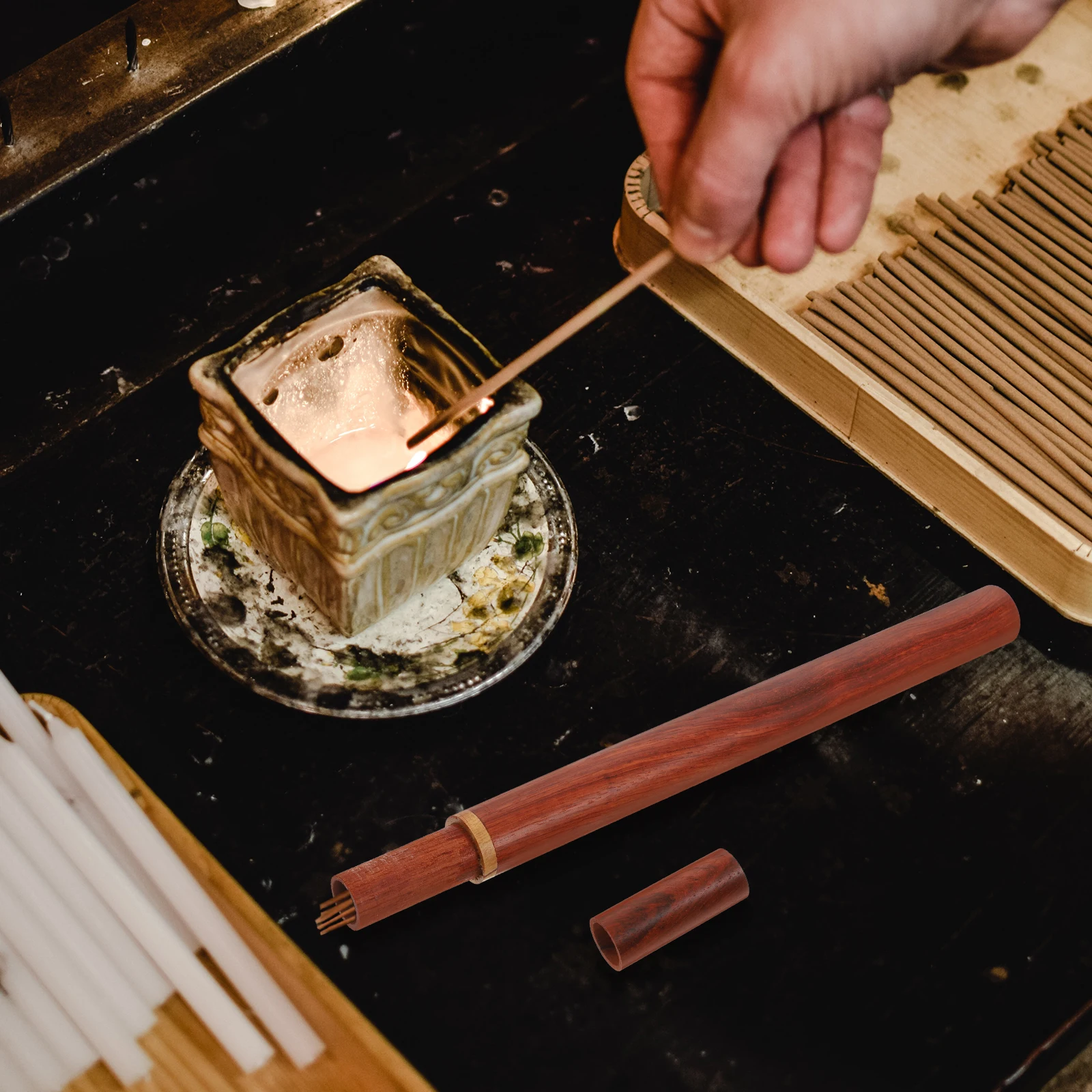 

1Pcs Incense Stick Holder Natural Wooden Tube Smooth Portable Storage for Home Camping Travel Office Use Dark Red