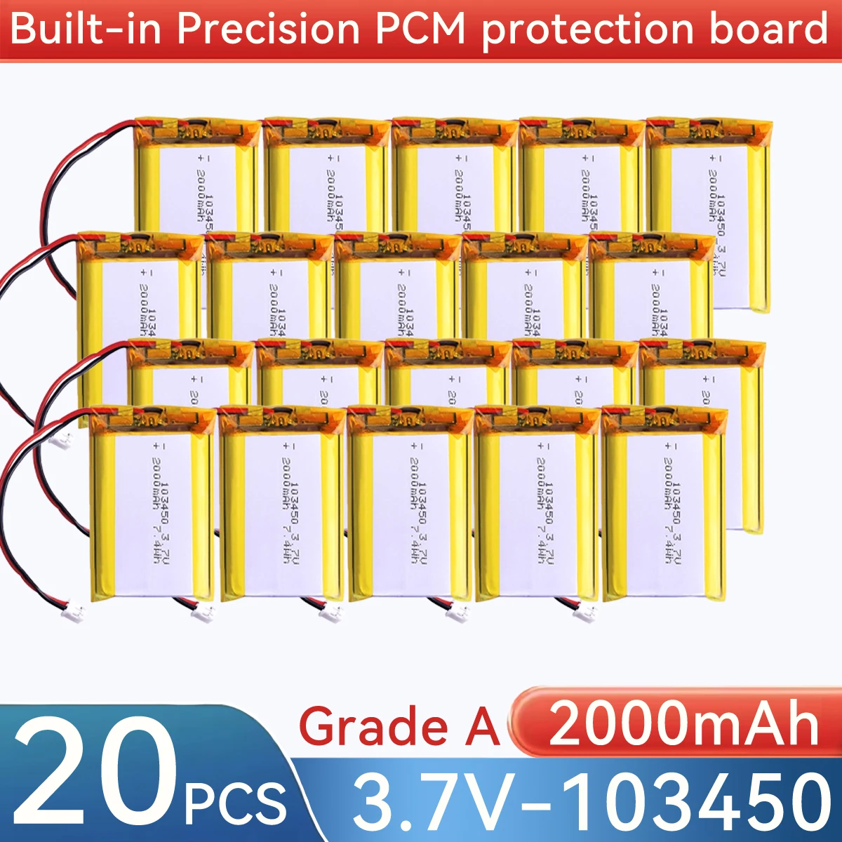 3.7V 2000mAh 103450 Polymer Lithium Rechargeable Battery JST PH 2.0mm 2Pin Plug for Camera GPS Navigator MP5 Bluetooth Headset