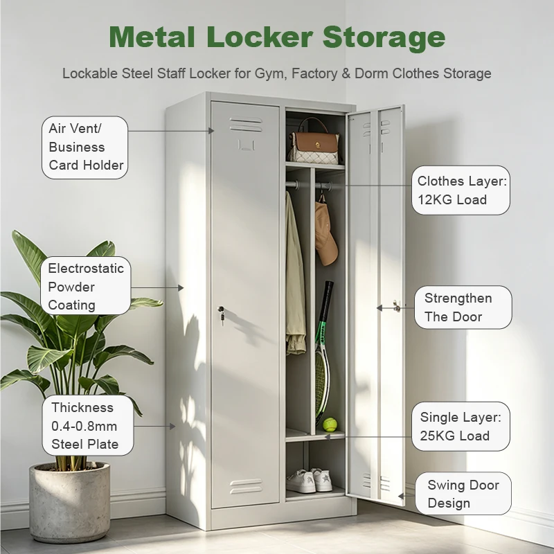 2 Door Steel Storage Locker with Key Lock Knock Down Metal Storage Locker Cabinet for Gym School Office Hospital Use