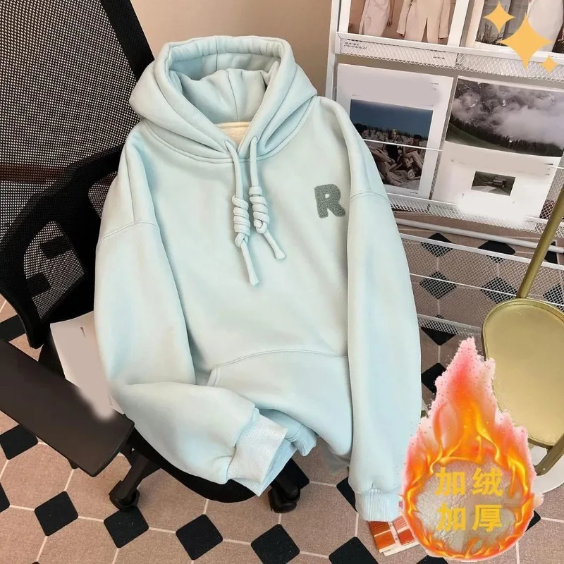 Fluweel verdikt sweatshirt met capuchon en capuchon Herfst en winter Middellange warme effen kleur Veelzijdige top