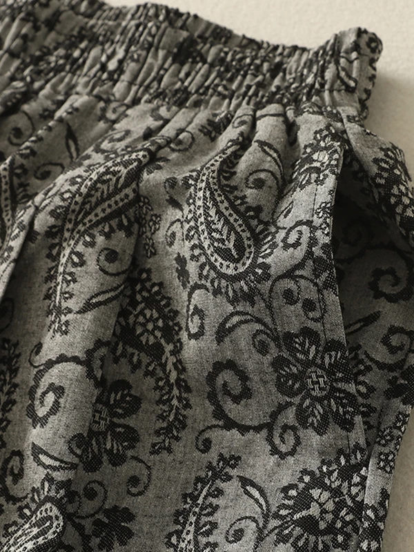 Pantaloni a gamba larga in cotone e lino con stampa di anacardi, fascione femminile, moda, pantaloni larghi e comodi, con sensazione di caduta, abbigliamento da donna