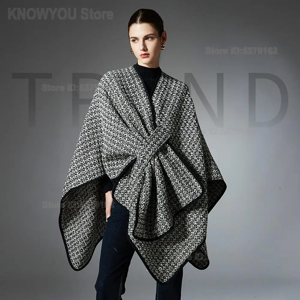 Women European Style New Spring Autumn Winter Plaid Shawl Poncho with Button Closure Loose Fashion Shoulder Wrap Casual