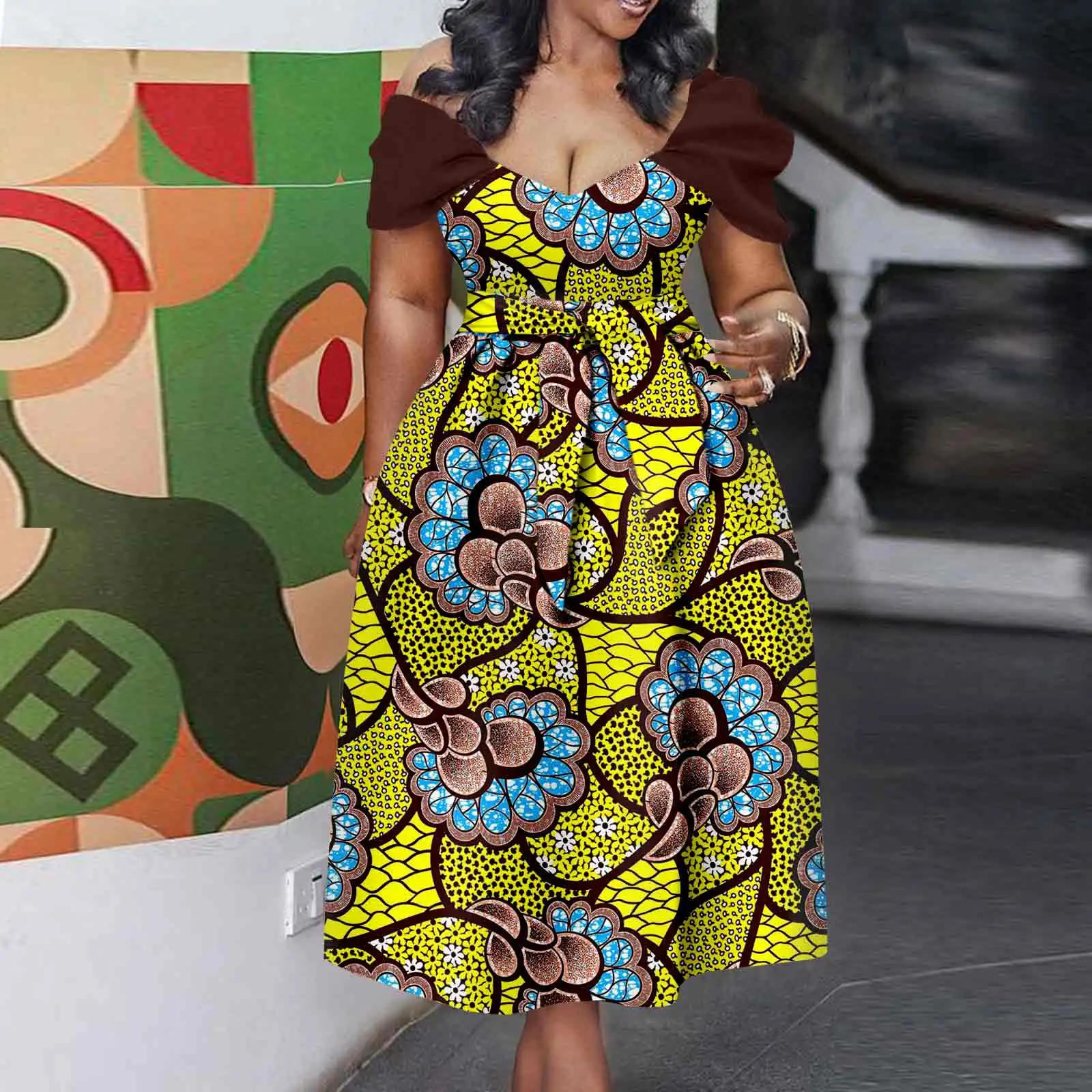 Afripride African Women's Ankara Printed Fabric Dress Customized Loose V-Neck Belt Accessories Women's Dresses 2625118