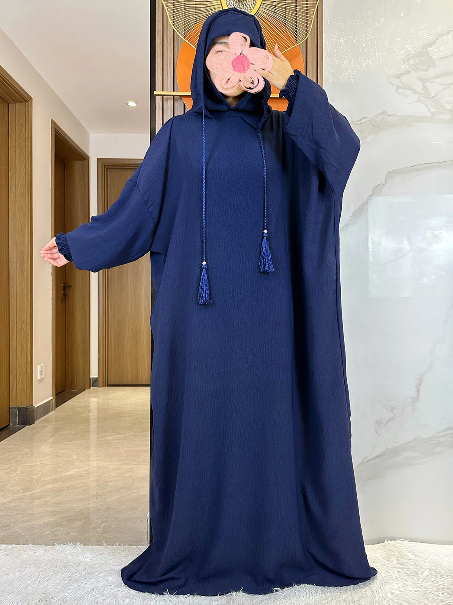 Muslim Abaya Pullover katun padat dua topi wanita Lebaran gaun Maxi panjang bertudung Turki Kaftan jubah Arab pakaian Dubai Hijab Islami