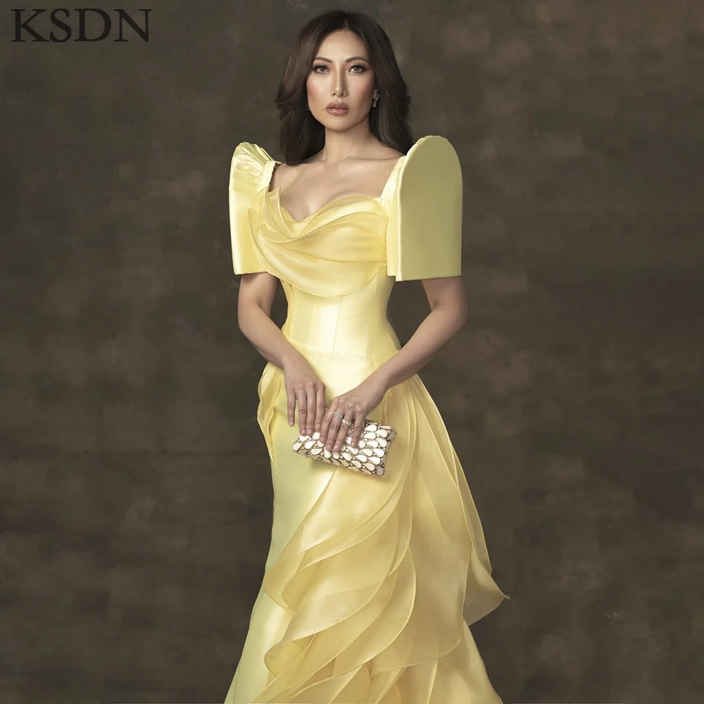 KSDN ชุดราตรีหรูหราโอกาสพิเศษคอเหลี่ยมแขนสั้นชุดรถไฟกวาดโอกาสพิเศษชุดผู้หญิงสวย