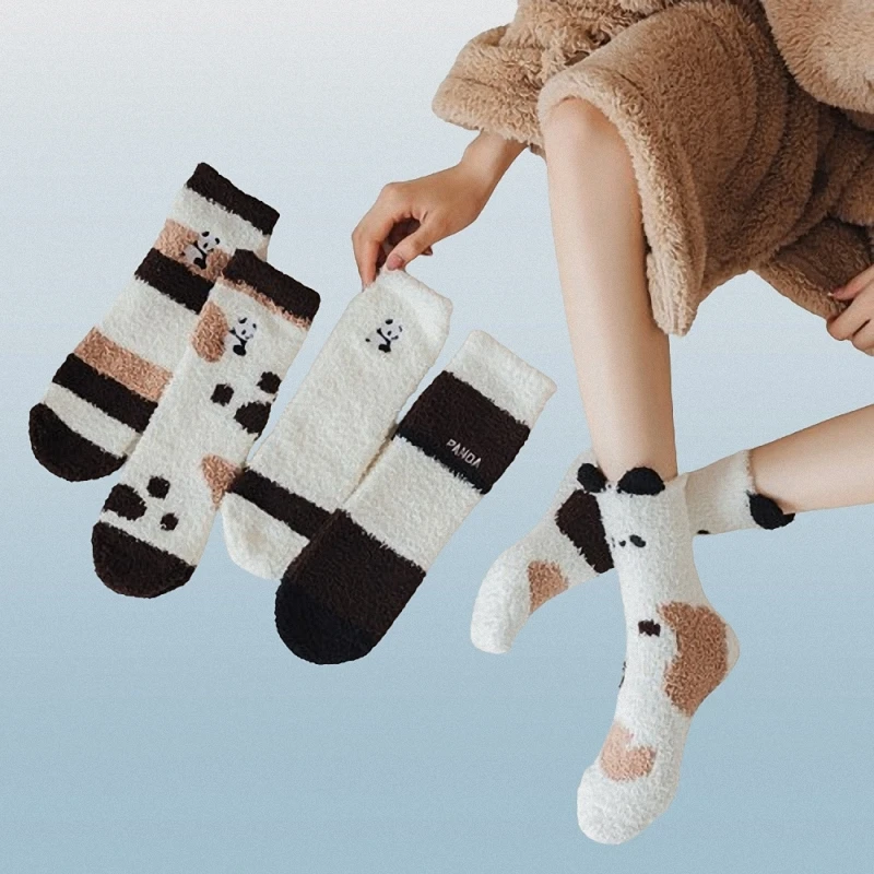 

2024 New 3/6 Pairs Cartoon Panda Coral Fleece Socks For Women Thick Warm Half Fleece Towel Floor Home Sleep Socks