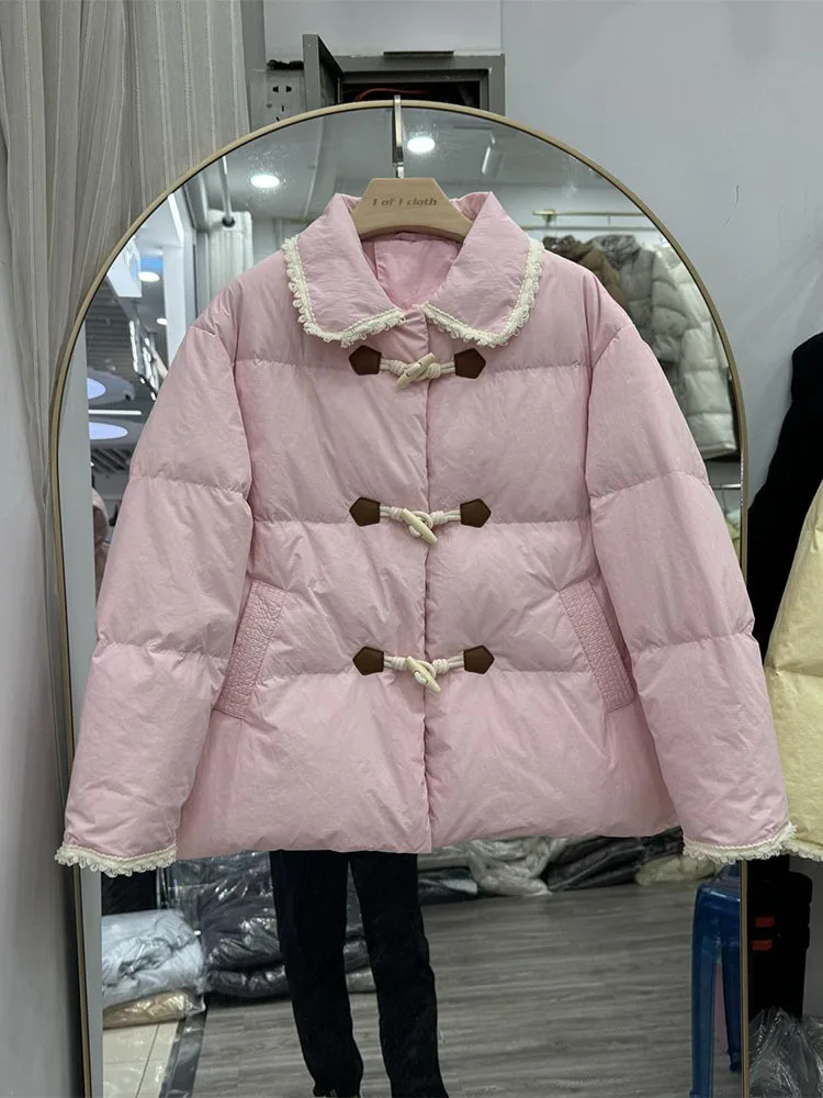 2024 Winter New Down Jacket Short Style Sweet Lace Collar College Horn Buckle Thickened Loose Duck Down Warm Coat