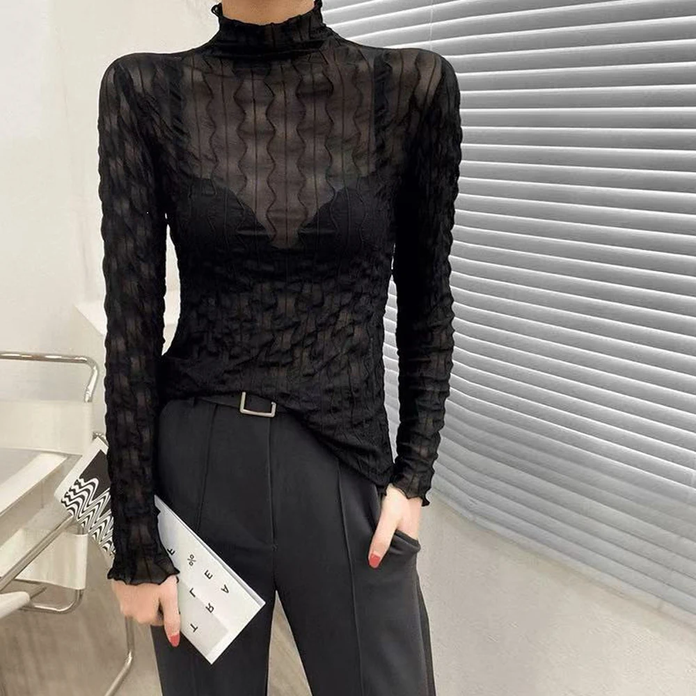 Sexy High Neck Long Sleeve Black T-shirt Women's Club Wear Mesh Shirt Perspective Long Top Slim Fitting Lace Hollow Transparent