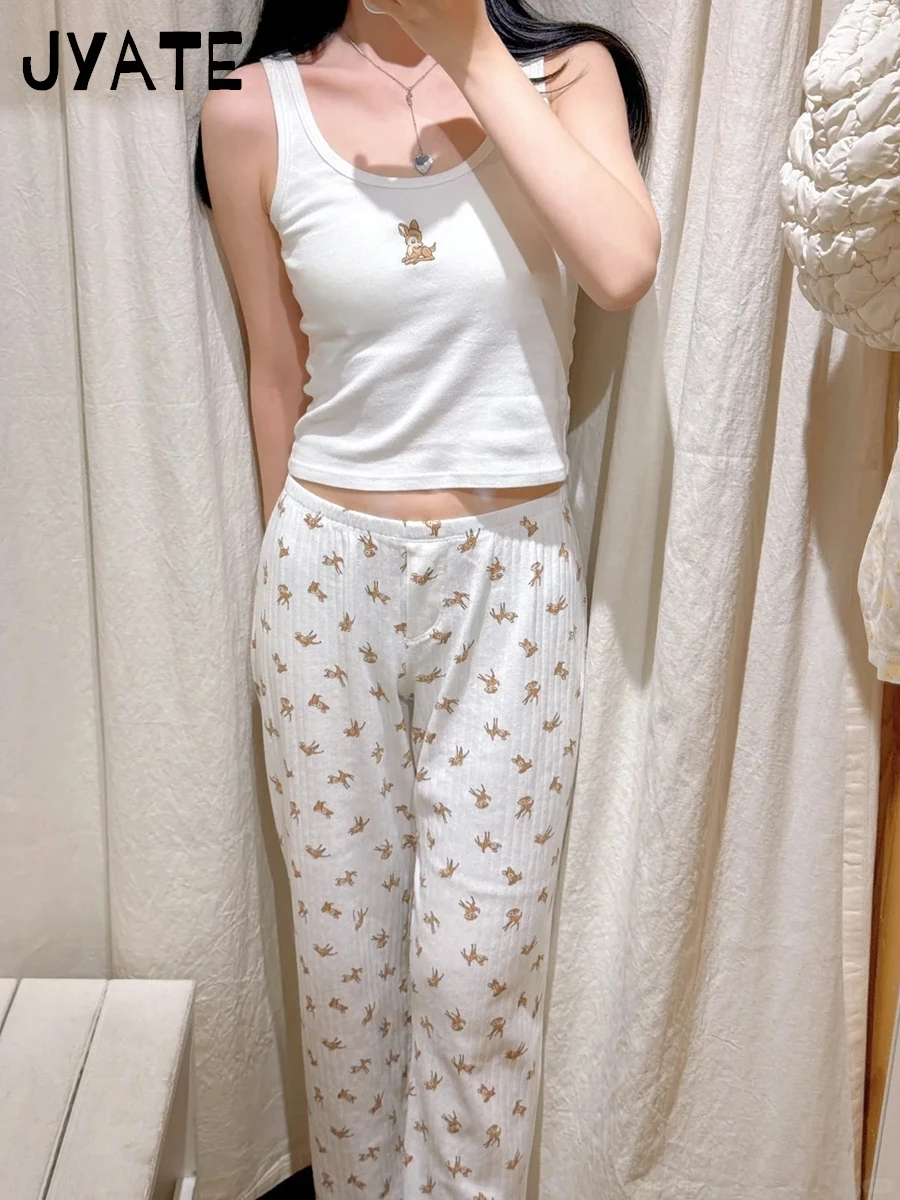 Cute Little Deer Print Straight Long Pants Women 2024 New Casual Cotton Elastic High Waist Pant Sweet Vintage Chic Trousers Y2K