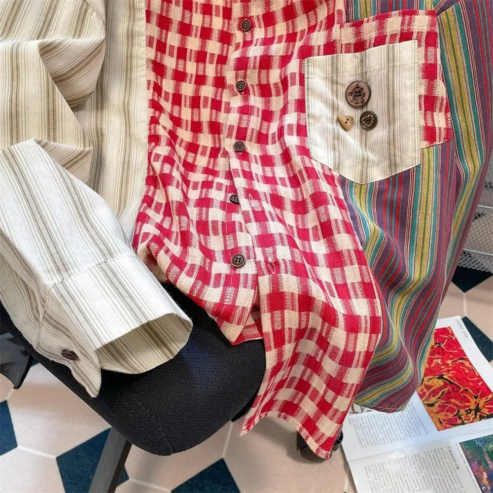 Women Clothes Vintage Plaid Patchwork Striped Blouse Autumn Loose Trend All-match Turn-down Collar Long Sleeve Pocket Shirts