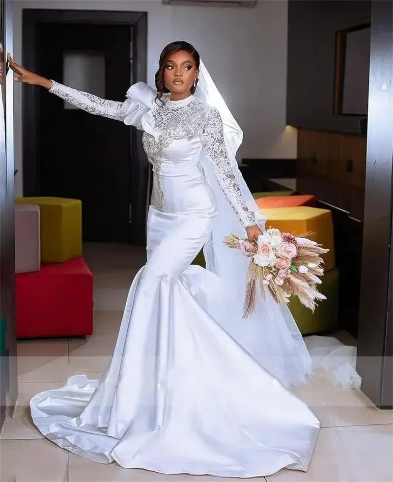 Maßgeschneidertes Hochzeitskleid mit hohem Kragen, arabischen glänzenden Perlen und Kristallen, Spitze, lange Ärmel, Vestidos De Noiva, Meerjungfrauen-Brautkleid