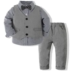 3Piece Spring Autumn Newborn Boy Clothes Korean Fashion Gentleman Plaid Cotton Vest+Tops+Pants Baby Clothing Kids Outfit BC1510