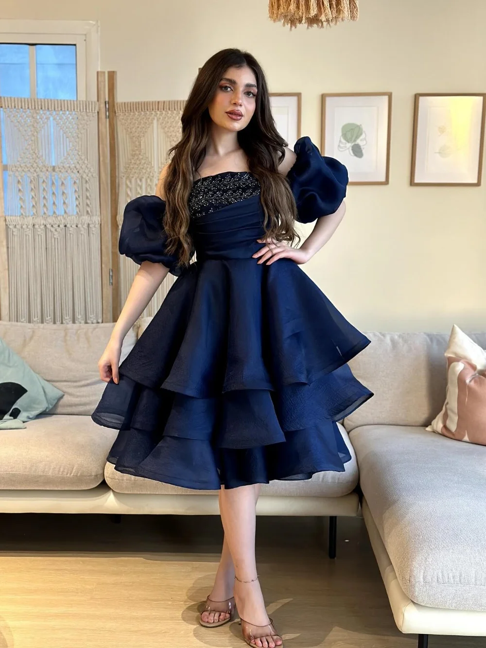 

Customized Modern Style Organza Pleat A-line Off-the-shoulder Midi Dresses Prom Pastrol Unisex Chinese Formal Casual Simple