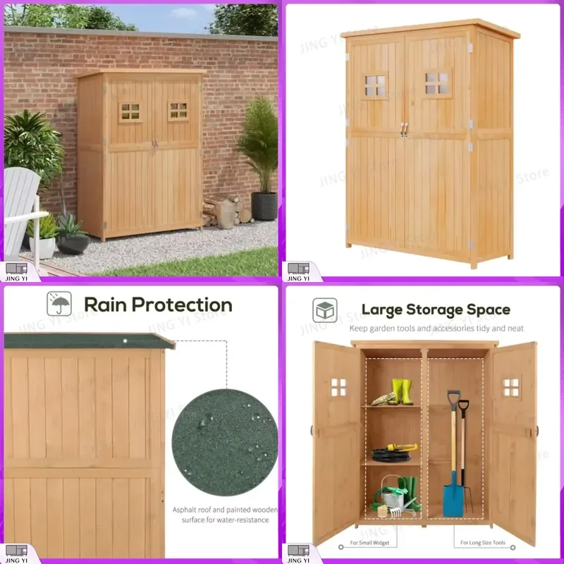 Wooden Garden Shed Tool Storage Cabinet Outdoor Double Door Organizer with Two Windows 127.5L x 50W x 164H cm