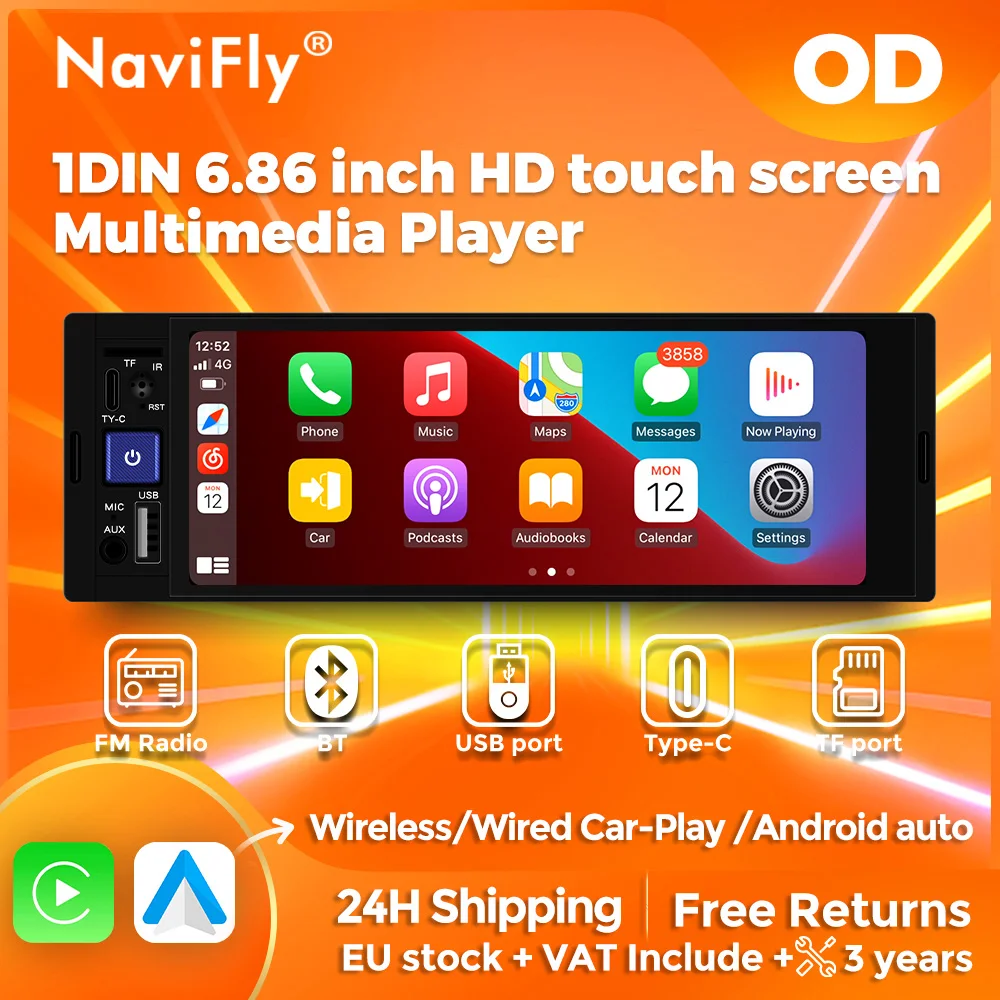 NaviFly 6.86-inch 1 Din MP5 Player Car Radio Multimedia Player BT FM Receiver Head Unit Wireless Carplay and Android Auto