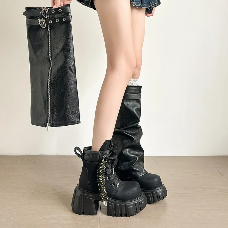 

2025 New Autumn Detachable 2-in-1 Boots Thigh High Boots & Short Boots with 8CM Platform Black Motorcycle Boots for Petite