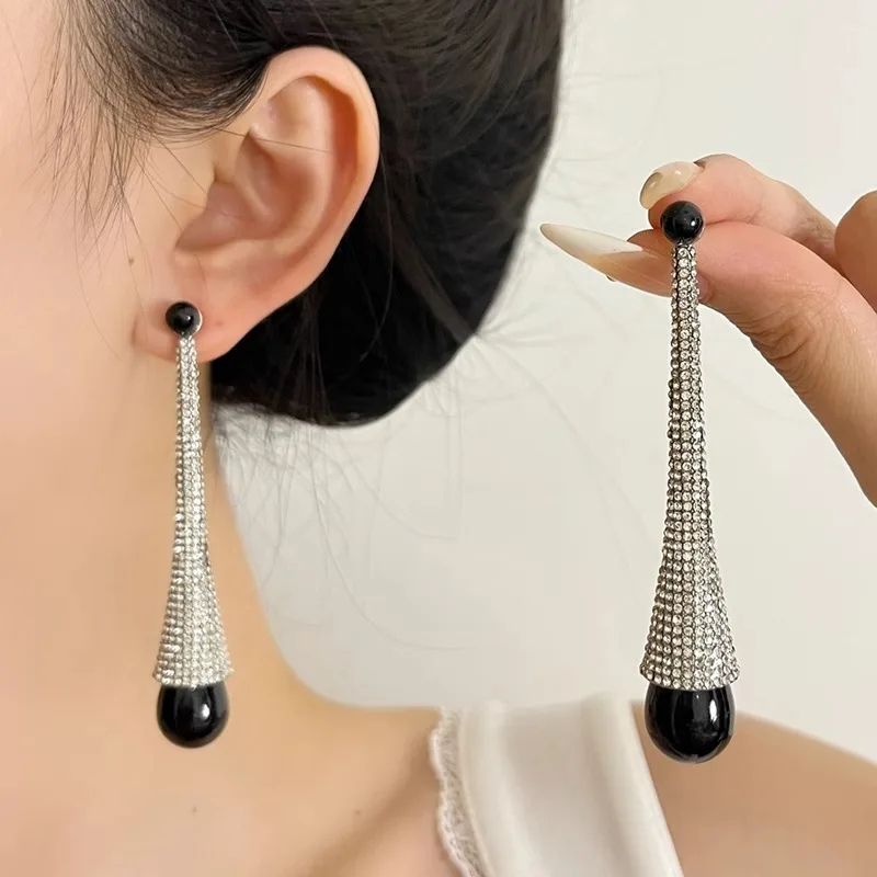 European American Exaggerated Full Rhinestone Long Unique Water Drop Earrings For Women High End Elegant Dangle Fashion Jewelry