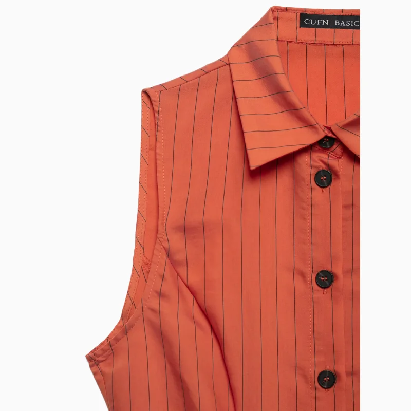 Women's 2026 New Orange Vertical Stripe Peplum Top Sleeveless Collared Button Front Summer Elegant Casual Blouse Matched