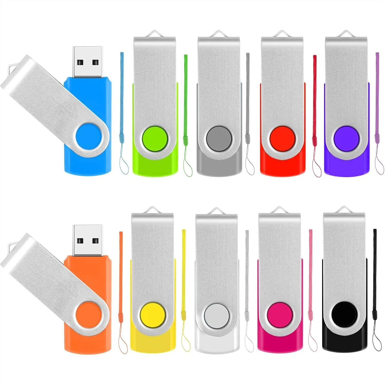 256MB USB Flash Drive 10 Pack with Lanyards, Swivel Thumb Drives for Data Storage and Transfer, Office Supplies