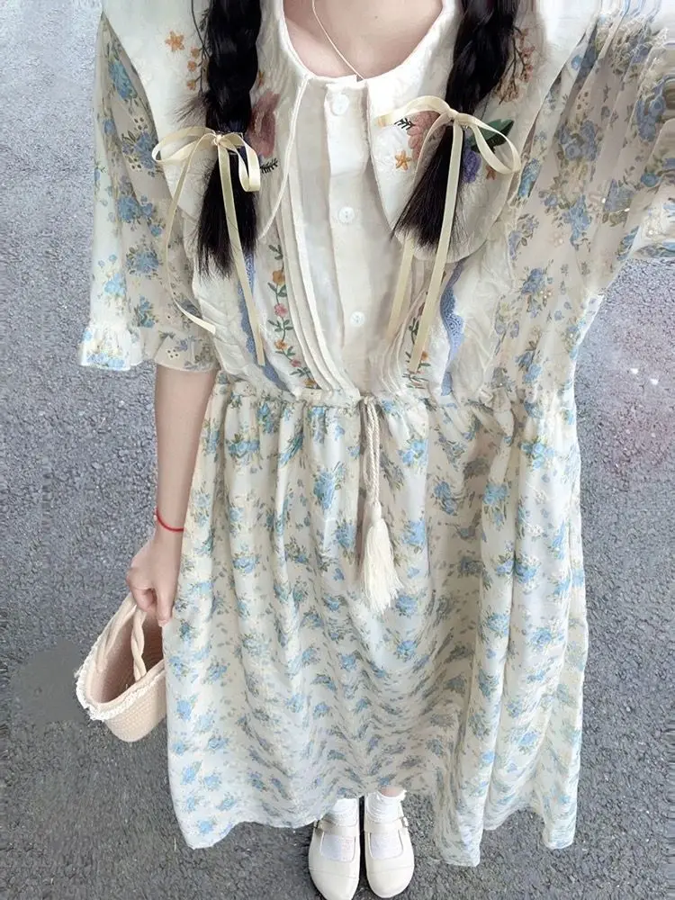 

Preppy Style Dresses Peter Pan Collar Lace-up Floral Pleated Hollow Out Long Dress Summer Sweet Vestido Fashion Women's Clothing