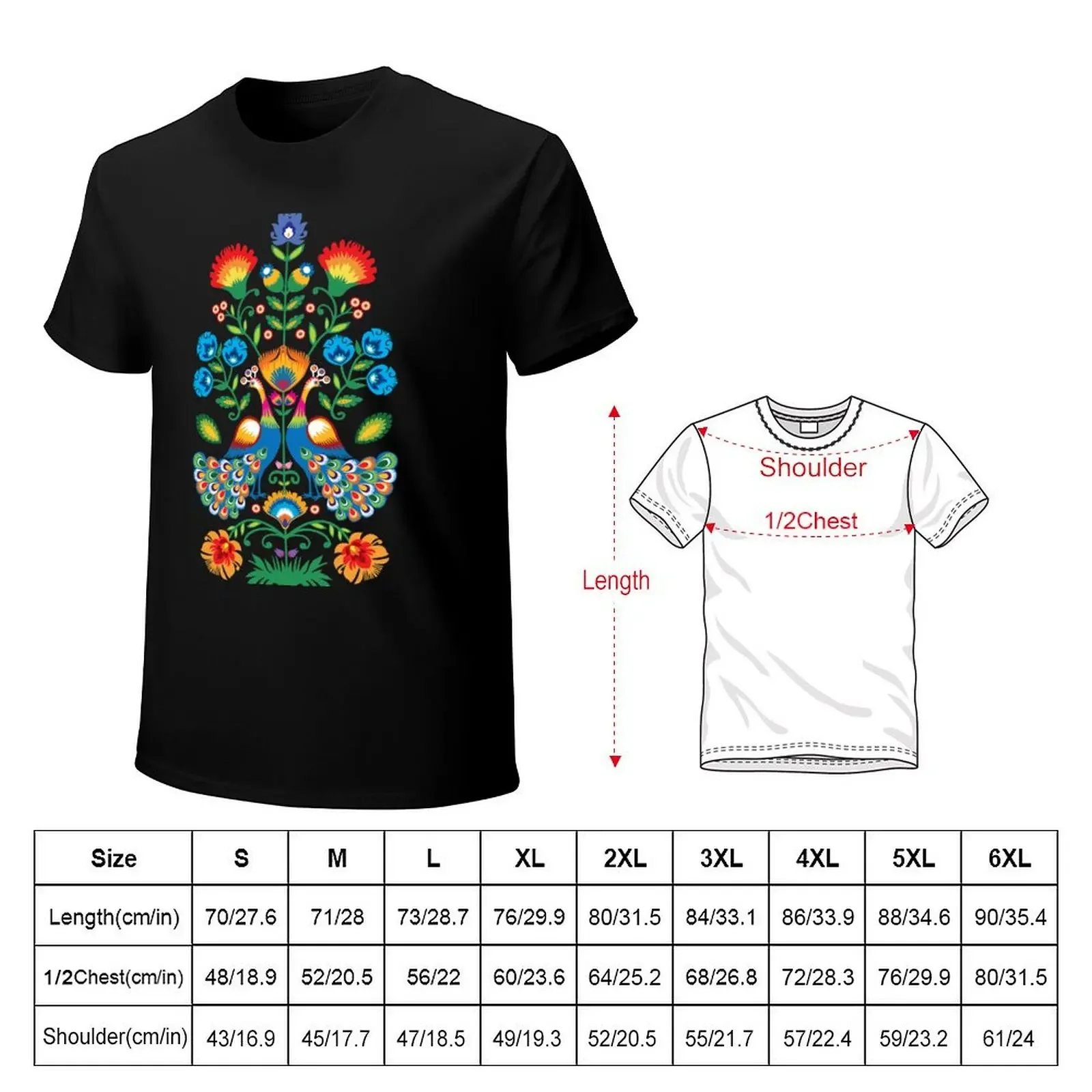 Folk composition with peacocks on black T-Shirt graphics animal prinfor boys men t shirts high quality