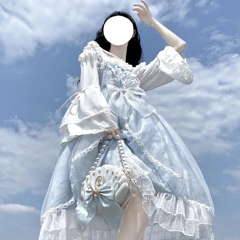 Gaun Lolita Lucu Alice In Wonderland Biru untuk Wanita Gaun Putri Kawaii Gadis Lembut Pesta Teh Jepang Vestidos Peri