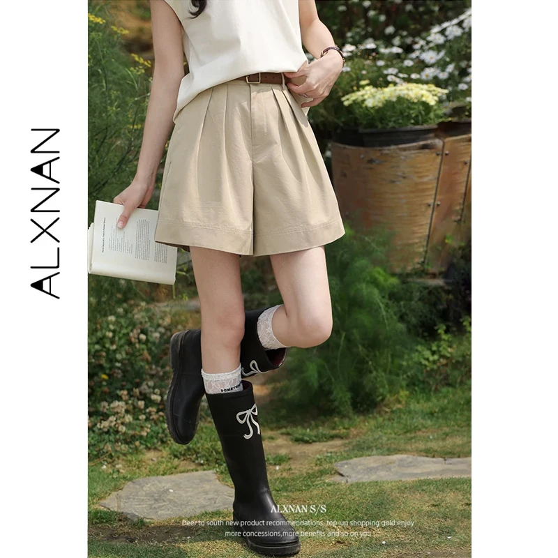 ALXNAN Women's Shorts Summer Khaki Casual Elegant Baggy Shorts Loose-fit Holiday Versatile Fashion Female Short Pants L38922