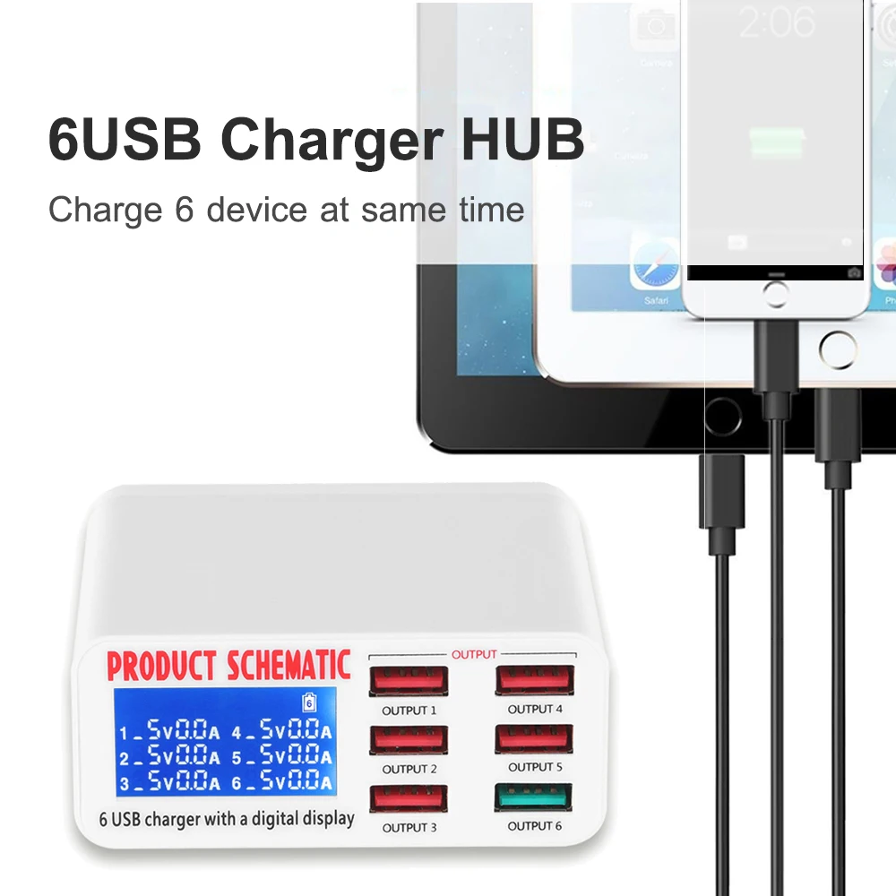 Multifunction USB Charger with LCD Display 6 Ports Desktop Mobile Phone Charger QC3.0 Smart Fast Charging For Phones Tablet PC