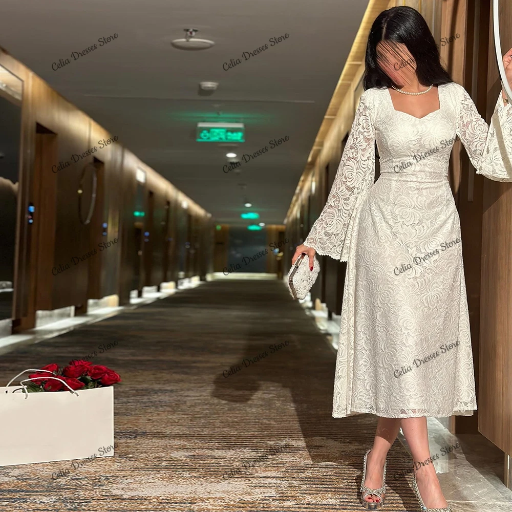 CustomizedLace Zipper Back Elegant Long Sleeves Square Neck Evening Dress Formal Tea Length Special Occasion Gowns Straight  Cus