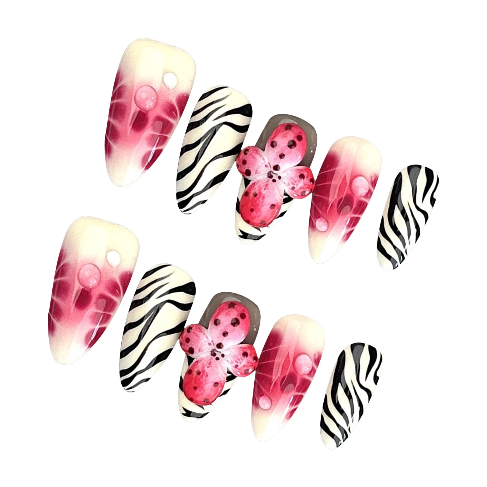 

10Pcs Handmade Press on Nails 3D Carved Flower Design Fake Nails for Women Wearable Spicy Girls European Almond False Nail Tips