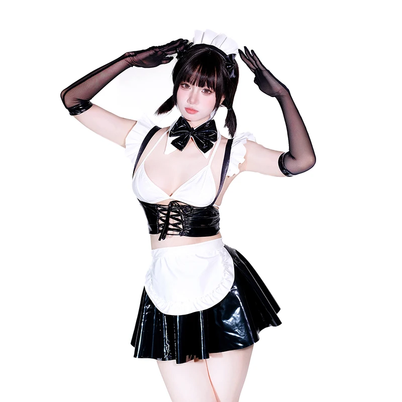 2025 nuevo erótico Original Sexy lindo uniforme de sirvienta Anime Cosplay disfraz charol lencería traje ahueca hacia fuera la minifalda de Bikini