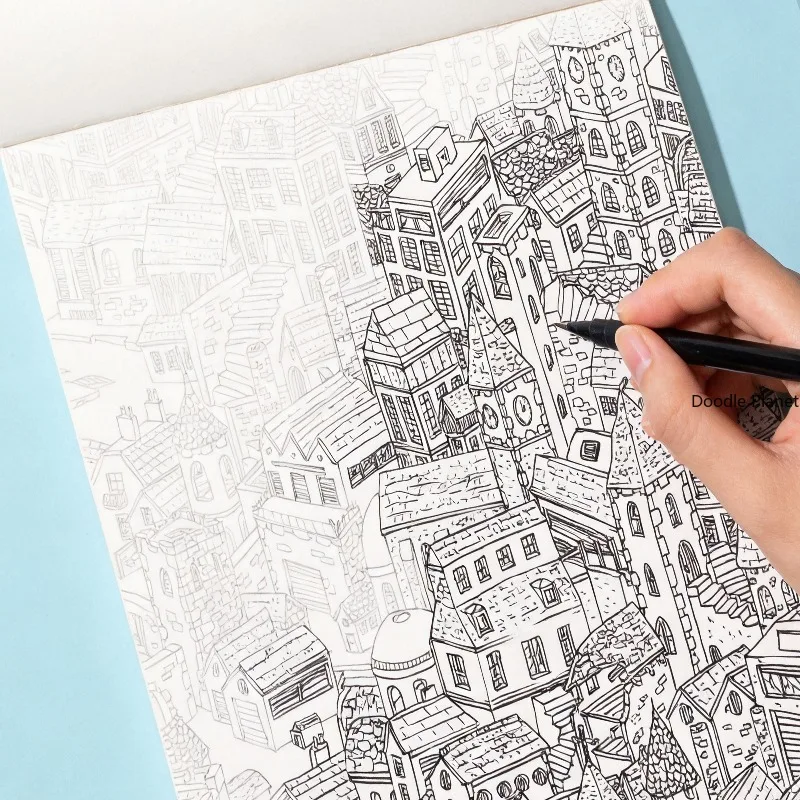 A Relaxing and Healing Graffiti Art Book for Adults, A Densely Packed Castle Building Line Drawing Coloring Book, 24 Patterns