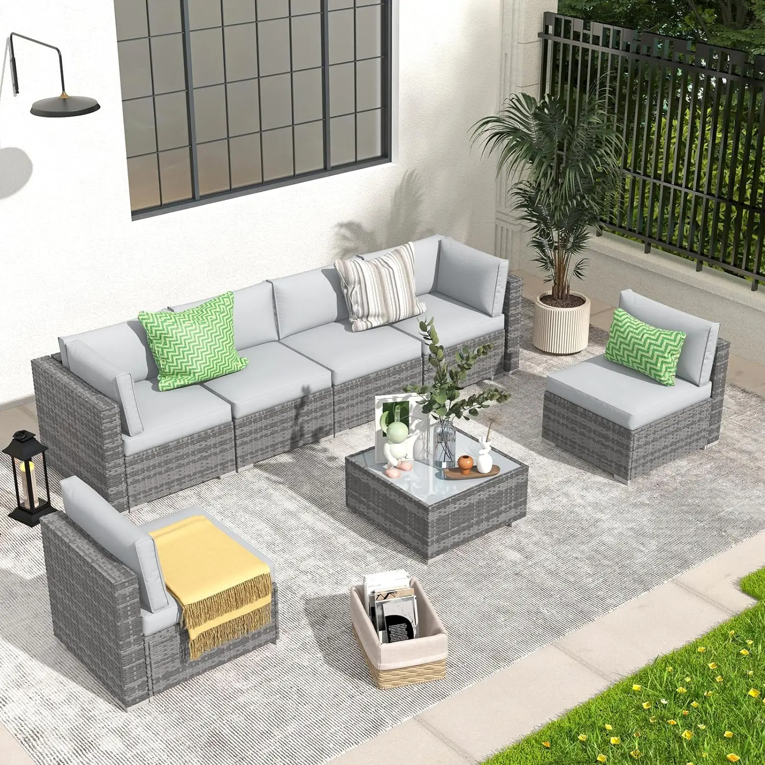 

7 Pieces Outdoor Patio Furniture Set, PE Wicker Rattan Sectional Conversation Set, Porch Garden W/Built-in Glass Table