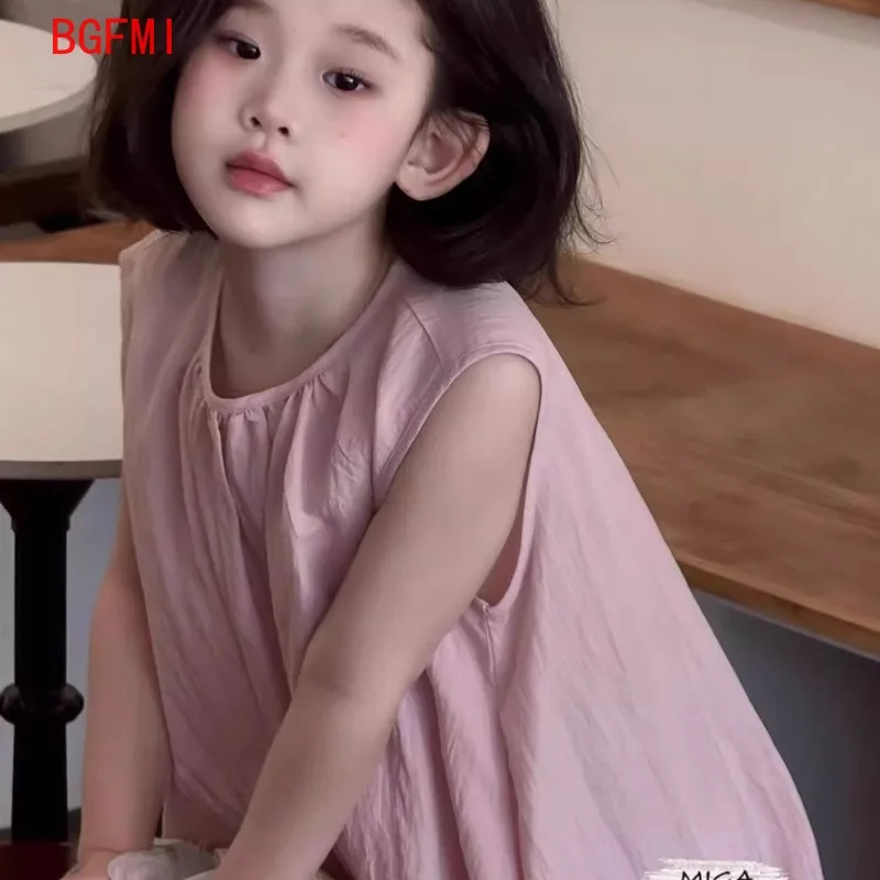 الكورية أزياء الأطفال فتاة حلوة لطيف سترة فستان فضفاض الصيف القطن الوردي أكمام فستان كاجوال فستان حفلة الشاطئ للأطفال