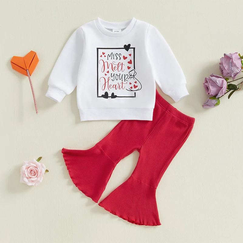 

Toddler Girl Valentine s Day Heart Print Long Sleeve Sweatshirt and Ribbed Flare Pants Set for Baby Girls 2 Piece Outfit