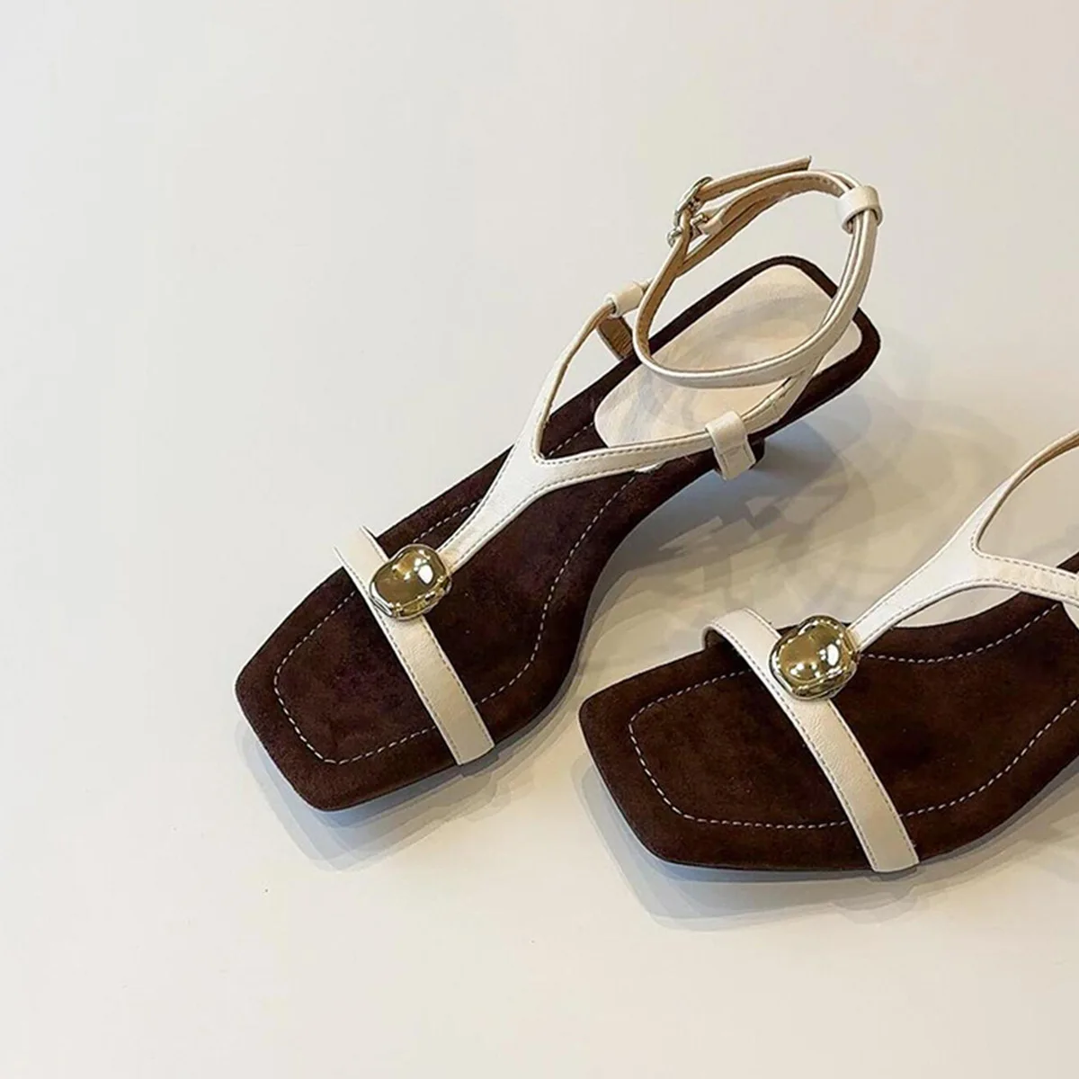 2026 New Retro Genuine Leather High Heel Sandals Women Square Toe Metal Strap Roman Shoes Elegant Fairy Style Outdoor Summer