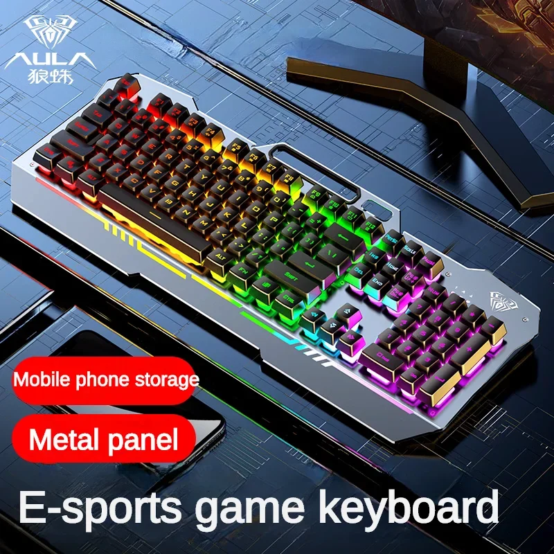 AULA F3010 Wired Keyboard Mechanical Feel Ergonomic E-sports Gamer Metal Panel Cool Lighting Effects PC Laptop Accessories Gifts