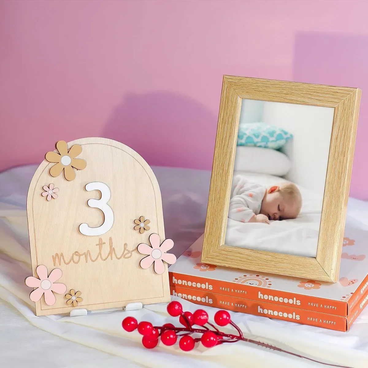 Accesorios de fotografía recién nacido, tarjetas de hito mensuales para bebé, flores de madera de doble cara, accesorios de fotografía recién nacido para niñas y niños